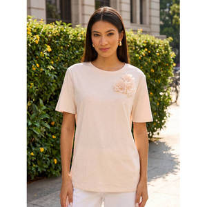 Camiseta Corta de Cuello Redondo para Mujer, Apliques Florales en 3D, Corte Ajustado, Jersey de Algodón, Top de Verano de Manga Corta, Informal, a la Moda, OEM Privado - Product Image 1