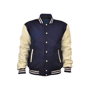 Veste universitaire pour homme de haute qualité, manches en cuir, corps en laine mélangée, bordure côtelée, doublure légère et chaude, bleu marine crème - Product Image 1