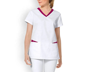 White V-Neck <b>Scrub</b> <b>Top</b> with Magenta Trim Women's Hospital Uniform Cotton Polyester Woven Fabric with Pockets - Product Image 1