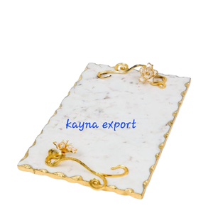 Plateau en marbre décoratif de luxe en métal doré avec motif de rose et bord doré, plateau en marbre de designer personnalisé, fabrication sur mesure, Kayna Export - Product Image 2