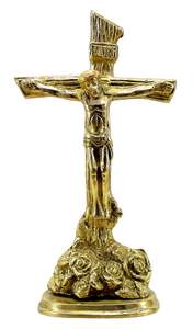 Estatua de cruz cristiana de latón con base redonda para decoración del hogar acabado dorado - Product Image 5