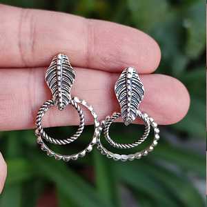 925 Sterling Silver Handmade Boho Leaf Earrings <b>Unique</b> Double Hoop Dangle Design Nature-inspired <b>Gift</b> Jewelry - Product Image 2