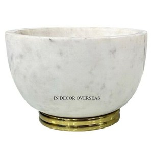 Juego de 2 cuencos de forma redonda de mármol blanco de calidad lujosa con base de textura martillada de metal chapado en oro del fabricante indio - Product Image 6