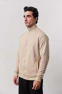 Veste en molleton beige pour homme, col montant, fermeture éclair, couleur unie, tricotée, coupe classique, pour l'automne - Product Image 2