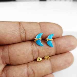 Turquoise Crescent <b>Moon</b> Stud <b>Earring</b> 18K Gold Plated Sterling Silver Wire Wrapped Gemstone Birthstone Stud - Product Image 3