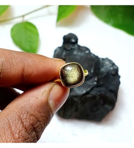 Natural Gold Sheen Obsidian <b>Rings</b> 10mm <b>Cushion</b> Gemstone 925 Sterling Silver 18K Micron Gold Plated Trendy Unisex Silver Jewelry - Product Image 6