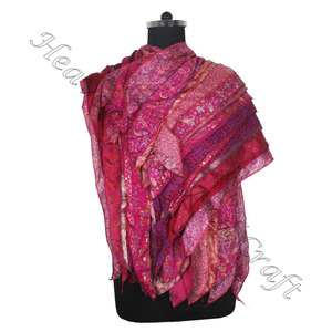 Sari en soie recyclée 15 bandes foulards faits à la main de créateur étole châles SC585 soie fine en gros recyclé Vintage Sari femme écharpe - Product Image 4