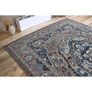 Tapis vintage 10x13,3 pieds, tapis turc surdimensionné, tapis géométrique marron bleu - Product Image 5