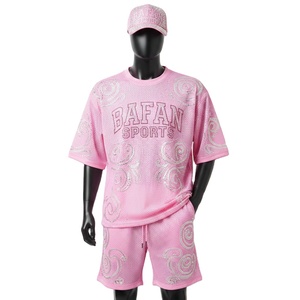 men's <b>set</b> Premium Polyester Mesh Men Short <b>Set</b> GSM Breathable Pink Sportswear Rhinestone Heat Transfer Custom Logo - Product Image 1