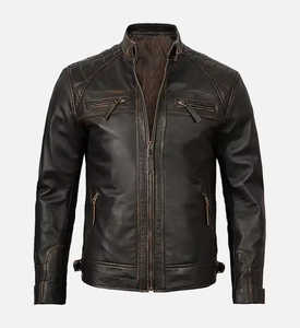 Veste de motard d'hiver décontractée à col montant pour hommes en cuir d'agneau véritable noir avec fermeture à glissière ODM Type d'approvisionnement - Product Image 1