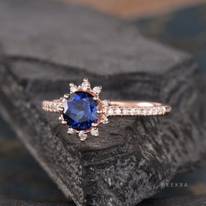 6 mm Round Cut Lab-Grown Blue Sapphire & Moissanite Art Deco Halo Ring Handmade 10K Solid Rose Gold Solitaire Ring - Product Image 3