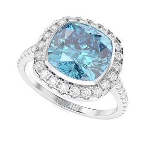 Anillo de compromiso de Halo de diamante con corte de cojín azul con acentos para anillo de mujer - Product Image 3