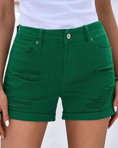 Pantalones vaqueros desgastados con dobladillo enrollado de cintura alta para mujer Pantalones cortos de mezclilla rasgados Cierre de cremallera con botones y puños cosidos en pantalones cortos con dobladillo - Product Image 4