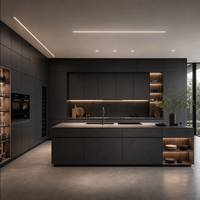 Meubles de cuisine noirs modernes de luxe sur mesure avec îlot central, solution de rangement modulaire pour toute la maison
