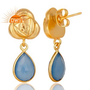 Dernier modèle de boucles d'oreilles en calcédoine bleue naturelle plaquée or 18 carats avec pierres précieuses fabricant de bijoux personnalisés - Product Image 1