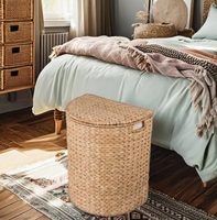Panier à linge en jacinthe d'eau avec couvercle, panier en osier tissé à la main avec doublure en tissu pour le rangement dans la salle de bain et la chambre à coucher, en provenance du Vietnam