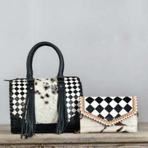 New Designer Fringe Bag Gypsy Boho Cowhide Leather Black <b>Colour</b> Handmade Western Stylish Checkered Pattern Bags And Wallet <b>Set</b> - Product Image 1