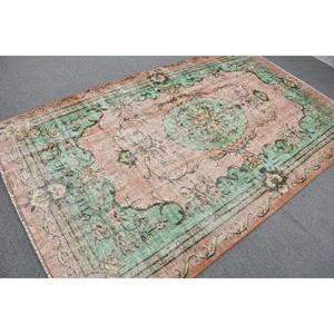 Alfombra clásica de lana verde y Rosa de 5,2x8,6 pies, área grande, diseño Aubusson turco para sala de estar, pasillo, látex de retazos rectangulares - Product Image 2