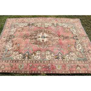 4,7x6,4 ft Rug, Vintage Turkish Rug, <b>Red</b> Blue Geometric <b>Wool</b> Rug - Product Image 3