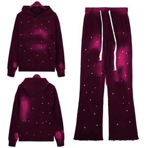 Conjunto Deportivo de Invierno Extra Grande, de Felpa Gruesa, Ecológico, con Sudadera con Capucha y Pantalones Estilo Vintage Lavado, Parches de Llamas y Gráficos de Diamantes de Imitación, Unisex - Product Image 5