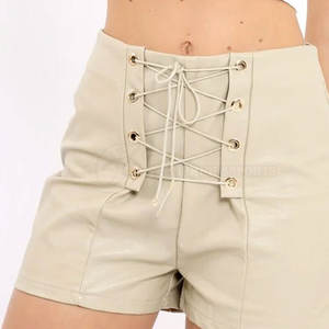 Pantalones cortos de cuero para mujer de cintura alta OEM cintura elástica mejor precio entrenamiento patrón caliente nuevo logotipo liso teñido botón arco transpirable - Product Image 2