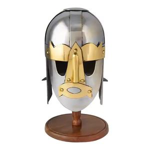 Mini armure de casque Viking en acier médiéval 18Ga avec support en bois Maison et bureau Halloween et fête des pères Article cadeau décoratif - Product Image 2