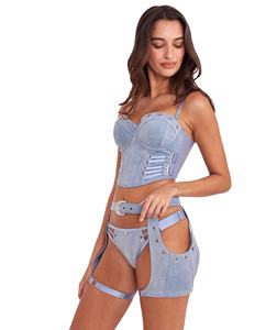 Conjunto de lencería sexy de encaje con tirantes ajustables, estilo tanga, fruncido, de lona, para mujer, talla grande, bikini de verano, para comercio exterior - Product Image 1