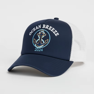 Casquette de camionneur avec ancre nautique pour hommes et femmes |   Casquette de baseball bleu marine à dos en maille |   'Ocean Breeze 2024' - Product Image 1