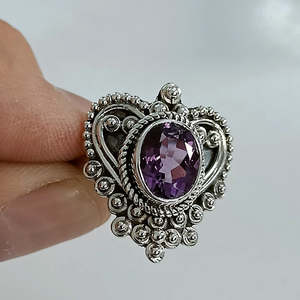 Natural Amethyst <b>Boho</b> <b>Ring</b> Handmade Sterling Silver Statement Heartshape with Oval Cut Diamond Birthday Anniversary Gift for Her - Product Image 3