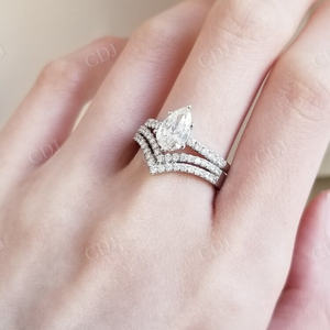 Anillo de compromiso de diamante de media eternidad con corte de pera de moissanita de plata esterlina combinado con banda apilable joyería de oro blanco fino - Product Image 6