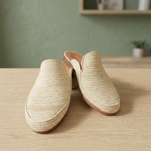 Handmade Raffia Backless Slippers Solid Color Breathable Cork Sole Indoor Summer Closed Toe Style - Product Image 3