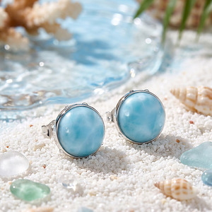Boucles d'oreilles clous Jeulia en larimar bleu taille ronde, serties clos en argent sterling, bijoux de mariage - Product Image 3