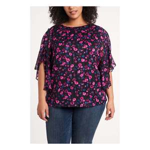 Camicetta da donna Vince Camuto rosa con stampa floreale e maniche a volant, taglia 3X, vestibilità ampia, in chiffon e lino, stile coreano, elegante - Product Image 1