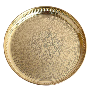 Assiette ronde en laiton arabe de haute qualité avec gravure, finition polie pour une utilisation en cuisine et comme assiette décorative - Product Image 5
