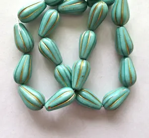 Cuentas de melón en forma de lágrima de cristal checo verde azul turquesa patrón de 15X8mm detalles dorados para la fabricación de joyas Material de cristal de Murano - Product Image 2