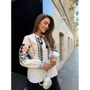 Túnica con bordado Floral para mujer, túnica corta con escote redondo de verano, cuerdas de corbata, borlas pesadas, mangas completas, ropa de fiesta informal tejida - Product Image 2