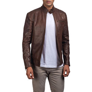 Chaqueta de cuero genuino para hombre, Estilo Vintage desgastado con cuello levantado y bolsillos con cremallera, moda de invierno de calle alta - Product Image 1