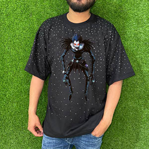 Camiseta de algodón 100% holgada con estampado de pantalla desgastada lavada de peso pesado con diamantes de imitación de manga corta para hombre - Product Image 1