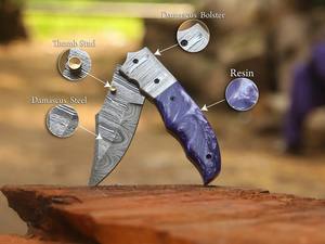 Couteau utilitaire à lame pliante en acier de Damas de qualité industrielle, manche en résine, étui de transport vertical, poche EDC, chasse, camping - Product Image 5