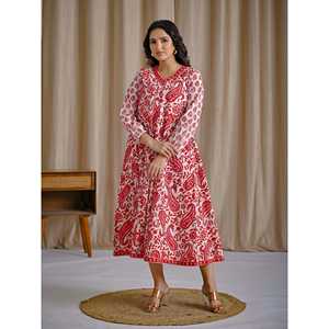 Vestido Anarkali de Algodón Estampado a Mano en Blanco y Rojo, Ropa Americana - Product Image 5