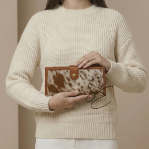 Portefeuille en cuir de vachette véritable pour femme, portefeuille long pour chéquier avec fermeture à bouton-pression, porte-cartes et pochette grande capacité - Product Image 1