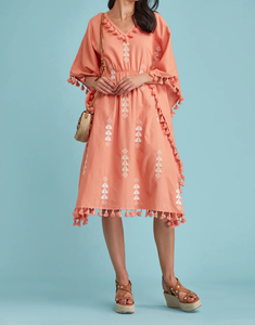 Vestido Largo Informal Tipo Kaftan Naranja para Mujer, Manga Larga con Bordado de Encaje, Suministro ODM, Cintura Natural, 100% Algodón, Verano - Product Image 4