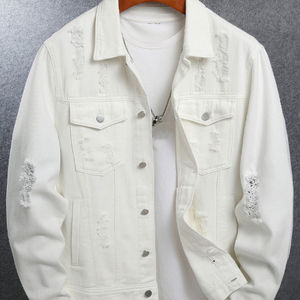 Veste en jean blanche déchirée pour homme, style streetwear urbain, vêtement d'extérieur de haute qualité - Product Image 6
