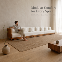 Canapé modulaire extra long personnalisable, structure en bois massif à lattes, revêtement en tissu sur mesure pour salon