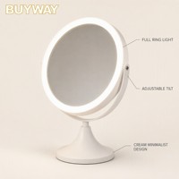 Miroir de maquillage LED rond blanc crème avec anneau lumineux et bras en U réglable, miroir de table inclinable pour chambre à coucher