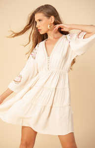 Manga de campana con cuello en V ropa para mujer bordado manga tres cuartos Mini Vestido corto de longitud - Product Image 2