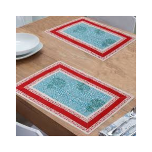 Panipat Craft 100% Cotton <b>Table</b> Mats 13x19 Inches <b>Red</b> Border Twill Weave 180 GSM GOTS Certified Embroidered With OEM Capability - Product Image 1
