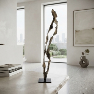 Handcrafted <b>wooden</b> liyuk stand sculpture <b>rustic</b> teak carved abstract winding human figure statue metal base accent decor units - Product Image 3
