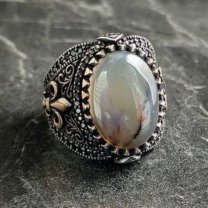 Men's Handmade Sterling <b>Silver</b> Cocktail <b>Ring</b> Oval White Agate Gemstone Royal Style Floral Fleur De Lys Symbol Bezel Setting - Product Image 3