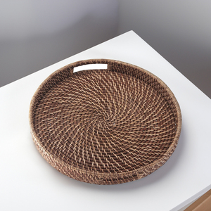 Bandejas redondas de bambú respetuosas con el medio ambiente de Vietnam, bandeja para servir hecha a mano con patrón de ratán rústico para interiores de hoteles-SR2063 - Product Image 3